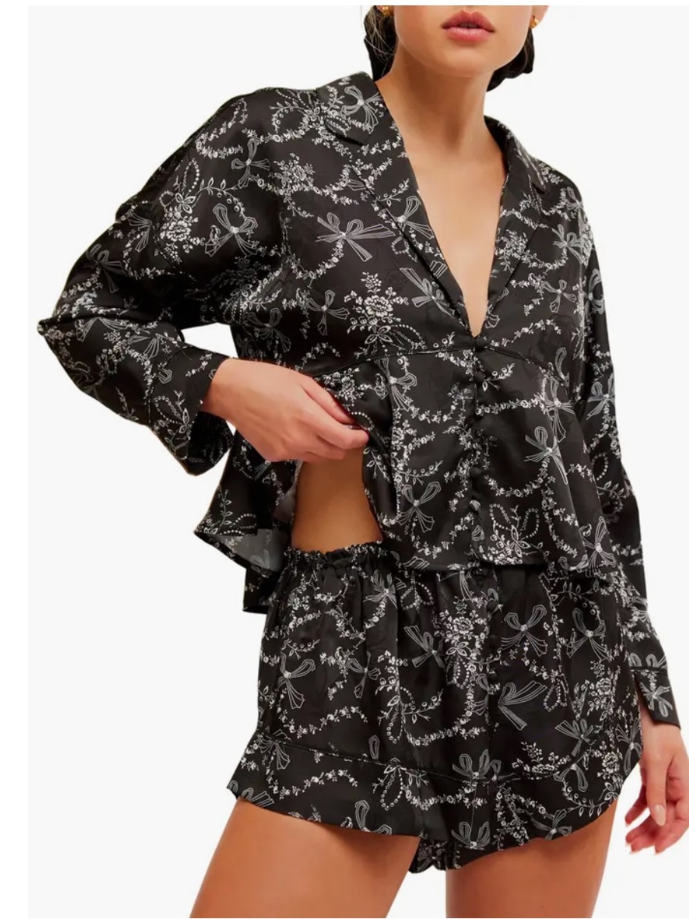 Free People Beauty Sleep Satin Pajama Top Floral Bow Print Black Small New